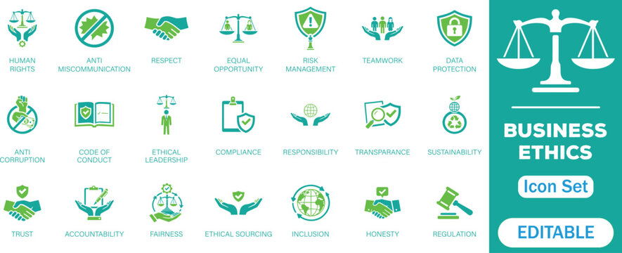 Business ethics solid icon set. Symbols for ethics, anti-corruption, transparency, and ethical leadership in a modern vector icons collection.