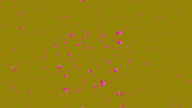 Pink heart shapes being lit up and falling down on dark gold background. Abstract background for Happy Valentine's day and wedding ceremony.