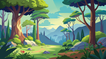 A vibrant stylized landscape depicts lush trees distant mountains and a sunlit clearing high quality professional © CreativeKamrul
