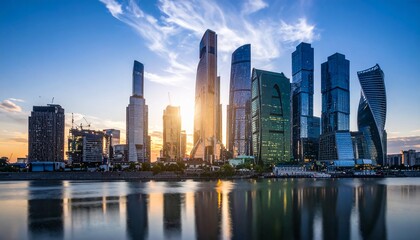 Fototapeta premium Stunning cityscape of modern skyscrapers reflecting on tranquil water at sunset, Moscow.