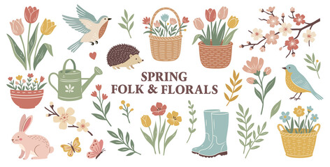 Spring garden floral elements illustrations set. Floral clipart collection in folk style. Cute Animals, Flowers and Gardening Elements.