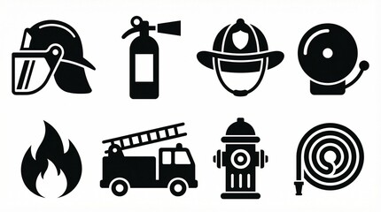 Firefighting icons showing equipment, personnel, and safety tools.