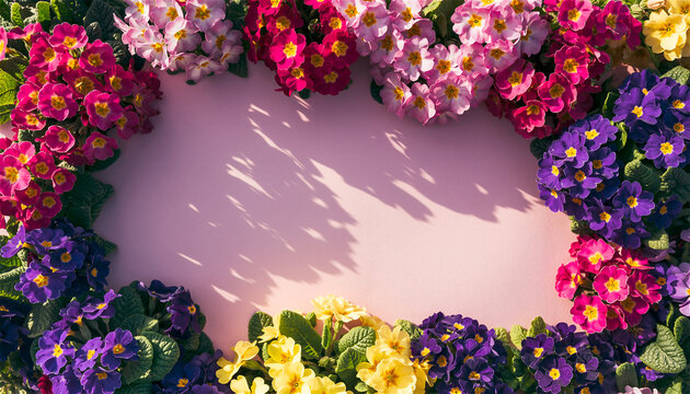 primroses in various colors forming a festive floral border and natural frame on a light pink background suitable for spring easter mother's day or promotional themes