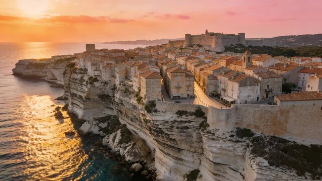 aerial view of bonifacio town at sunset, corsica france orbit video