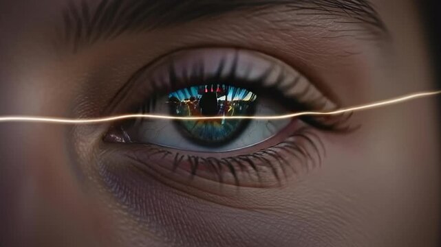 A futuristic video representation of a human eye with a cityscape reflected in the iris, symbolizing technology and innovation in a digital video.