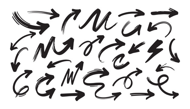 Hand drawn Arrows doodle icons set. Curved cartoon arrows sketches collection. Flat and thin pointers illustrations. Scribble swirl arrow signs.