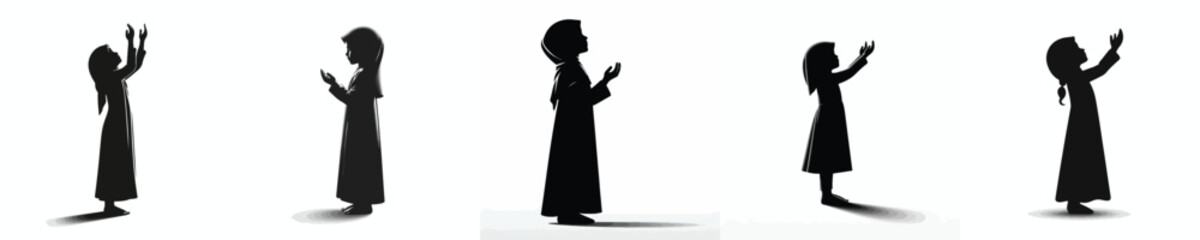 vector silhouette of a Muslim little girl standing praying fornt view side view