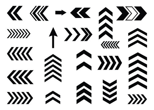Collection of bold black arrow signs and military style chevron symbols Vector illustration.