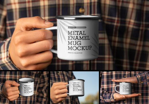 Mockup of an Enamel Mug with a Chrome Rim in a Man's Hands