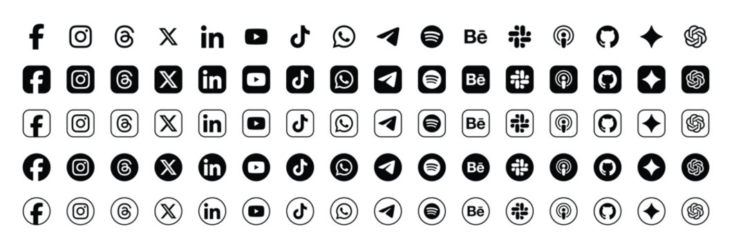social media black and white icon set facebook instagram x linkedin youtube tiktok whatsapp telegram spotif