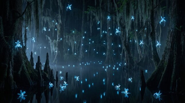 Floating Bioluminescent Ghost Orchids Illuminating A Dark Fantasy Swamp
