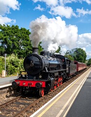 Naklejka premium A steam train on tracks next to a platform under a blue sky