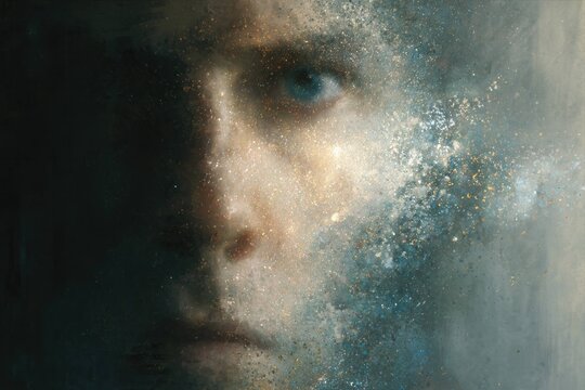 Close up of human face behind textured glass with water droplets and blurred effect, showing emotion and introspection in abstract artistic portrait photography.