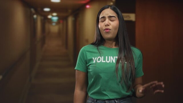 Woman volunteer with palm raised in stop gesture in a hotel building corridor showing closed eyes and pursed lips; disgust refusal.