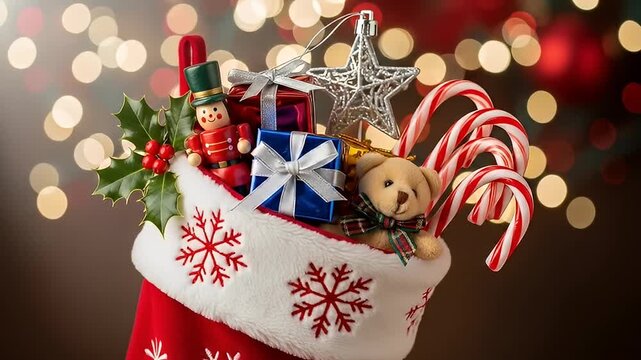 Overflowing Christmas stocking with presents, candy canes, holly, nutcracker, and a teddy bear