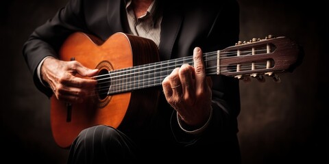 A dramatic side-lit close up of a flamenco guitarist mid-performance hands, fingers strumming a classic Spanish.
