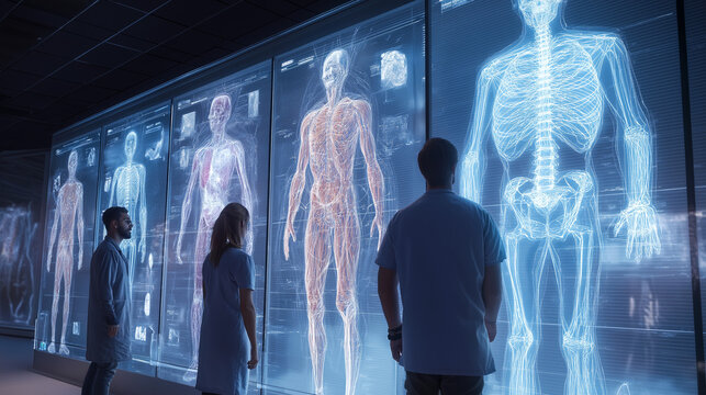 AI generator images of  holographic model of the human body's structure and details is a modern technological application for medical analysis.