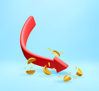 3d Red arrow pointing downward with shattered gold coin pieces. Financial crisis concept illustrating business downturn, loss, and instability. Vector illustration