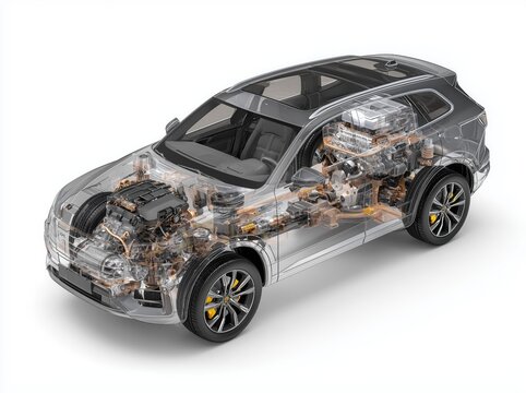 SUV car with transparent engine and action-packed rendering on a white background.