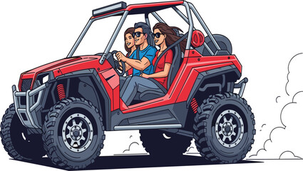 Couple driving red off road buggy adventure vehicle, extreme sport ride, outdoor desert racing, recreational activity, fun travel, adrenaline experience, freedom © Samiul