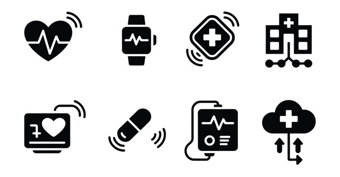 Healthcare IoT Icons, Healthcare IoT Filled Icon Set, Heart Monitor, Smart Watch, Medical Device, Connected Health Technology, Vector Illustration.