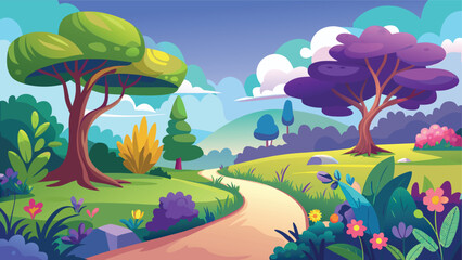 A vibrant cartoon landscape features colorful trees a winding path and rolling green hills high quality