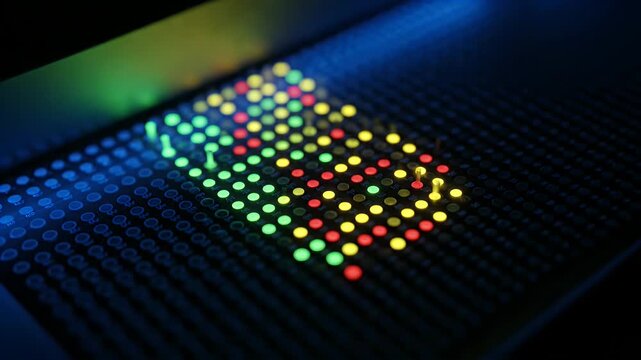 3D Macro Animation of a Digital Array with Illuminated Data Points in Blue and Green Tones on a Dark Background