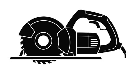 A detailed black silhouette of a circular power saw resting on a wooden plank showcasing tool design silhouette