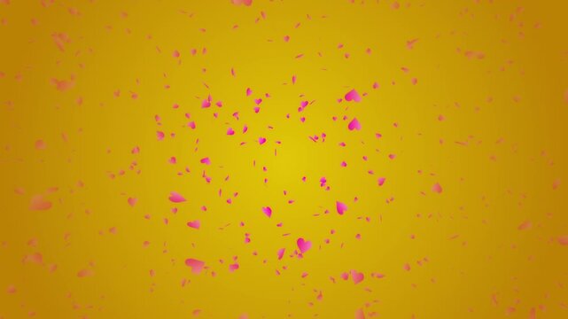 Pink heart shapes being lit up and falling down on gold gradient background. Abstract background for Happy Valentine's day and wedding ceremony.