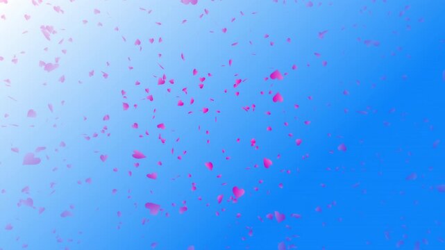 Pink heart shapes being lit up and falling down on blue gradient background. Abstract background for Happy Valentine's day and wedding ceremony.