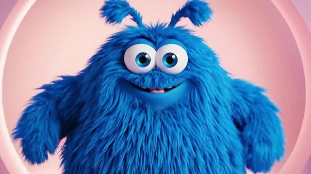 Fluffy blue character dances happily in a colorful studio setting with bright pastel backgrounds and playful props