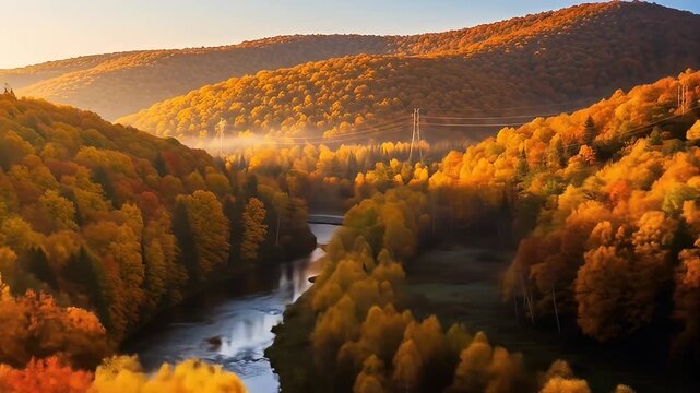 Golden autumn foliage covers rolling hills bisected by a flowing river at sunrise