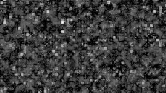 Abstract digital technology background featuring a dynamic pattern of glowing square pixels and a data grid effect, ideal for tech, science, or corporate visuals.