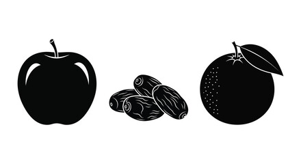 A striking black and white illustration depicts an apple dates and orange in a bold silhouette high quality © jivect02