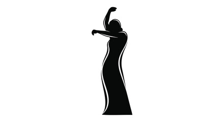 A striking black silhouette depicts a woman with arms raised in a dynamic celebratory pose silhouette high quality © jivect02