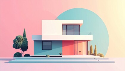 Obraz premium Modern Minimalist House Illustration - A Contemporary Architectural Design with Vibrant Colors.