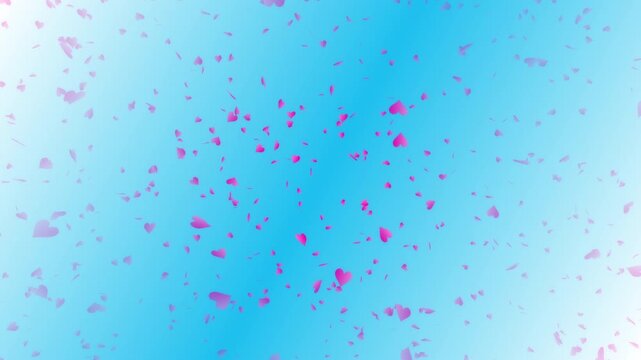 Pink heart shapes being lit up and falling down on light blue gradient background. Abstract background for Happy Valentine's day and wedding ceremony.