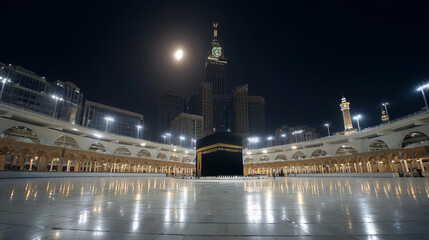 Obraz premium Illuminated grand mosque with the kaaba at night under a dark sky and bright moon in mecca saudi arabia