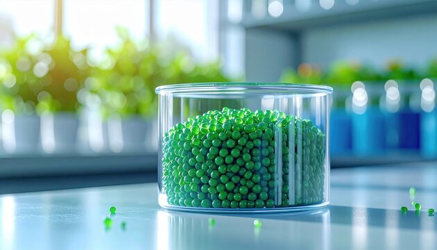 FlyPro Firefly Bioplastic pellets contained in a clear vessel, representing a modern, eco-friendly alternative to conventional plastics
