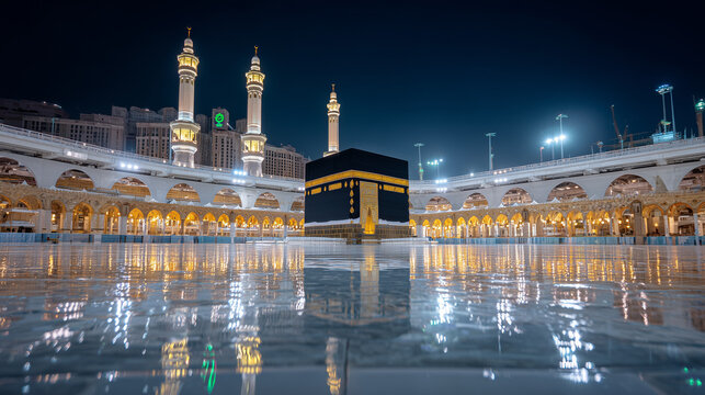 Illuminated kaaba at night with reflections on wet ground and minarets in the background view at mecca
