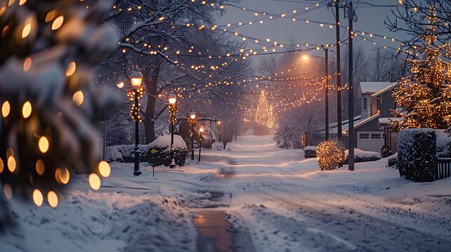 Snowy street illuminated by warm Christmas lights