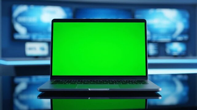 Laptop on news desk background screen.