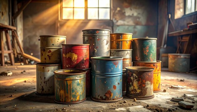 FlyPro Firefly presents a realistic photograph of a collection of empty paint cans with lids rusted shut, stacked in a forgotten corner of a workshop.