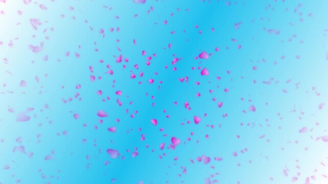 Pink heart shapes being lit up and falling down on light blue gradient background. Abstract background for Happy Valentine's day and wedding ceremony.
