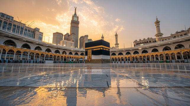 The kaaba in mecca stands prominently amidst the grand mosque under a vibrant sky at dawn time