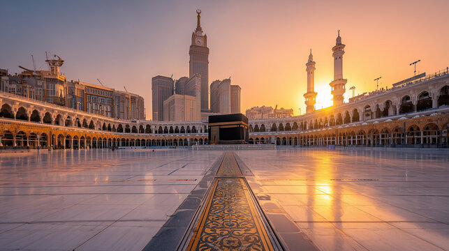 A wide shot of the masjid al haram in mecca saudi arabia during sunset with the kaaba in the center