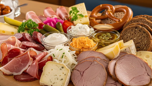 Closeup of a traditional Bavarian charcuterie board featuring various cold cuts, assorted cheeses, soft pretzel, and flavorful dips for an authentic regional food concept