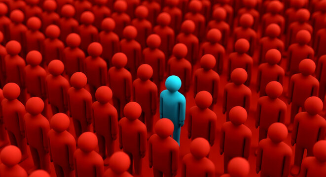 Blue figure standing out in a large crowd of red human silhouettes, candidate 
