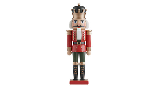 Nutcracker Soldier: Festive traditional nutcracker figure with red uniform, gold crown, and black boots, standing proudly.