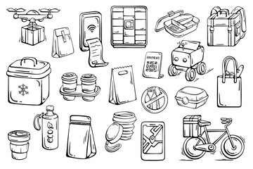 Eco Friendly Food Delivery and Smart Logistics Doodle Icon Set